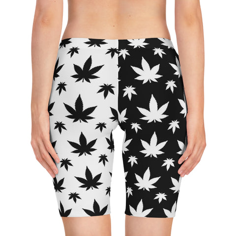 Two Tone Marijuana Leaf Biker Shorts - Black