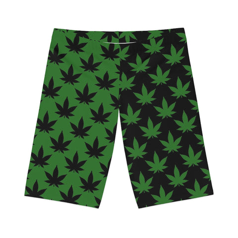 Two Tone Marijuana Leaf Biker Shorts - Green