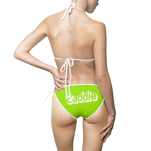 Baddie Bikini Swimsuit - Lime Green and White